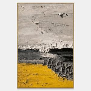 Vertical textured abstract artwork with pale gray, charcoal bands, and a bold yellow field.