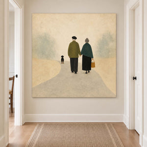 A couple walking away with a small dog on a pale path without an outer frame, displayed in a hallway.