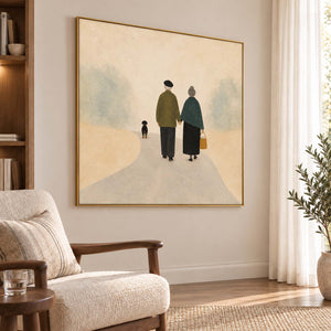 A couple walking away with a small dog on a pale path in a gold frame, displayed beside seating in a lounge.