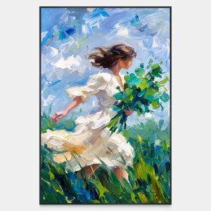 Front view of Walking into the Breeze, a white-dressed figure carrying green leafy stems through sweeping blue sky and green brushwork.