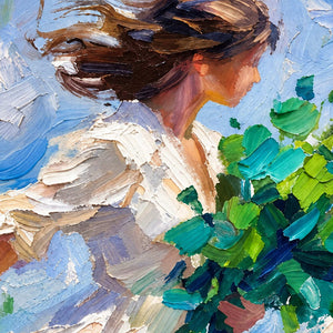 Close-up of Walking into the Breeze revealing thick strokes in windswept brown hair, white sleeves and a bundle of green leaves.