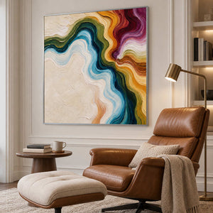 Blue and gold-accented abstract beside a brown leather recliner and cream footrest.