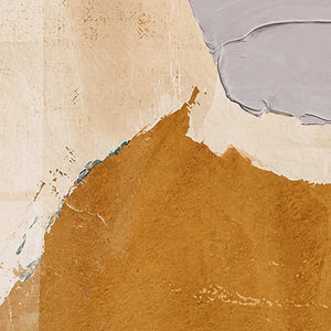 Close view of ochre paint meeting pale beige washes and raised gray brush edges.