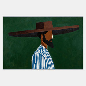 Horizontal portrait of a bearded figure facing right in a wide brown hat and blue-and-white striped shirt against green.