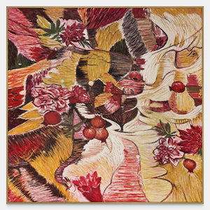 Front view of red flowers and rounded fruit forms woven through ochre, cream and dark bands, with a gold-colored frame.