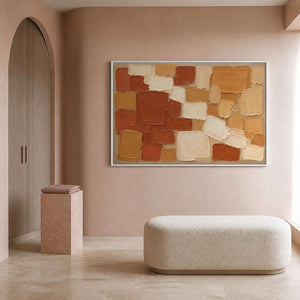 Terracotta, ochre, and cream painted blocks wall art in a contemporary stair hall.