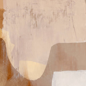 Detail of pale rounded shapes, ochre layers, and faint vertical marks in Warm Daydream.