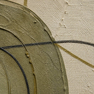 Close-up of raised olive paint, woven canvas, and charcoal linework.