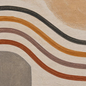 Close-up of hand-painted charcoal, ochre, rust, and taupe flowing lines.