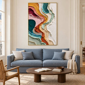 Winding-color abstract above a blue sofa in a bright living room.