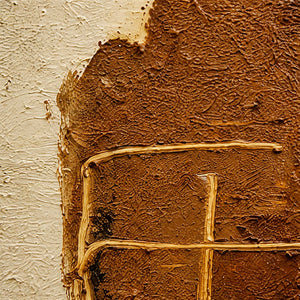Detail of cream and rust-colored texture with fine scratched lines and raised marks in Warmth Goes with You.