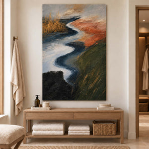 A winding pale waterway between dark green and rust-colored fields without an outer frame, displayed in a bathroom dry area.