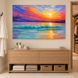A golden sunset above turquoise waves and a purple-red sky without an outer frame, displayed in a bathroom dry area.