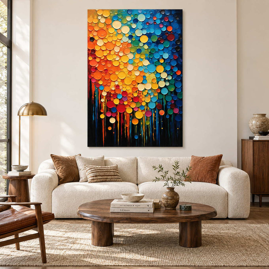 Colorful circle abstract above a cream sofa and a low oval wooden coffee table.