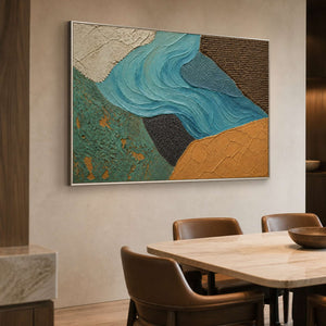 Water-inspired textured artwork displayed in a warm modern dining room.