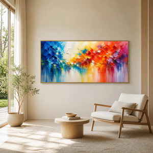 Luminous blue and orange abstract wall art displayed in a sunlit lounge.