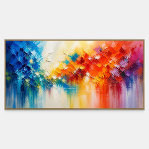 Panoramic abstract wall art in cobalt, turquoise, orange, coral, gold, and violet.