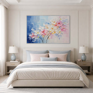 Where Blue Meets the First Bloom in a white-framed bedroom