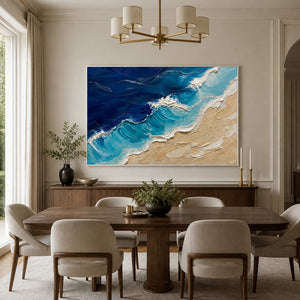 Textured coastal painting displayed in a refined walnut dining room.