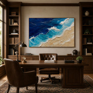 Ocean-inspired textured artwork displayed in a traditional home office.
