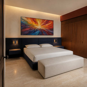 Textured abstract wall art above a Madrid postmodern bedroom.