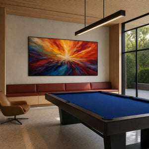 Textured abstract wall art displayed in a California game room.