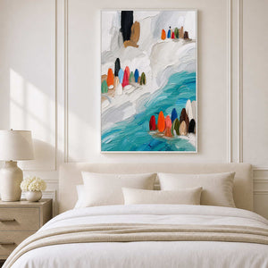 Turquoise and white abstract canvas adds airy color above the bed.