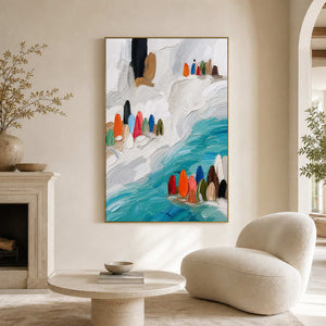 Colorful textured coastal wall art in a serene modern living room.