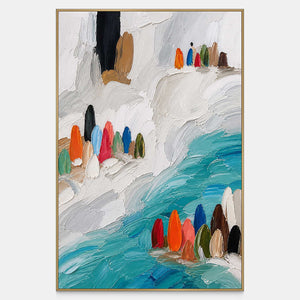 Hand-painted coastal abstraction with turquoise water, white layers, and jewel tones.