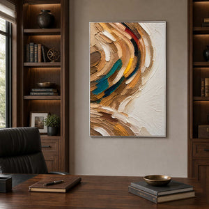 Modern textured abstract painting in a refined dark wood office.