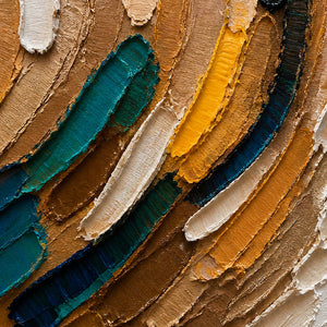 Close-up of thick palette-knife strokes in teal, blue, ochre, brown, and ivory.