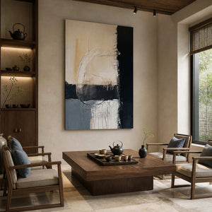 Frameless Where Day Meets Night behind a wood tea table and woven chairs in a quiet home tea room.