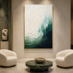 Textured coastal canvas in a quiet modern gallery lounge.