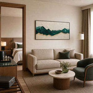 Emerald mountain wall art displayed in a refined boutique hotel suite.