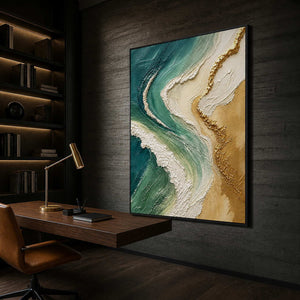 Textured teal and gold abstract canvas in a dark home office.