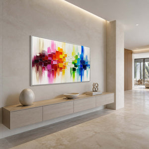 Colorful horizontal wall art creating an energetic entryway focal point.