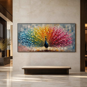 Panoramic peacock wall art displayed in a contemporary art hotel lobby.
