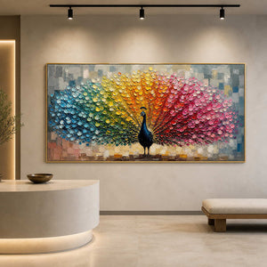 Textured peacock wall art displayed in a boutique gallery reception.