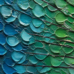 Close-up of thick blue and green palette-knife petals in the peacock plumage.