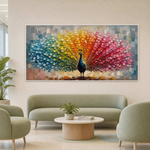 Panoramic peacock wall art displayed in a light wellness waiting area.