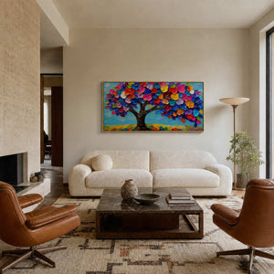 Textured tree wall art displayed in a warm modern living room.