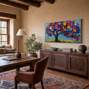 Colorful tree wall art displayed in a rustic home office.