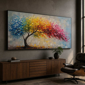 Colorful textured tree wall art displayed in a creative director office.