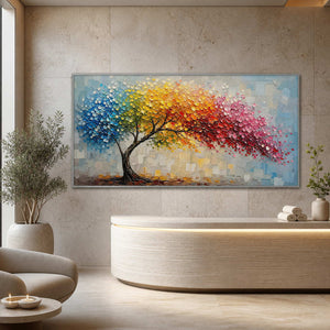 Textured rainbow tree wall art displayed in a refined wellness spa reception.