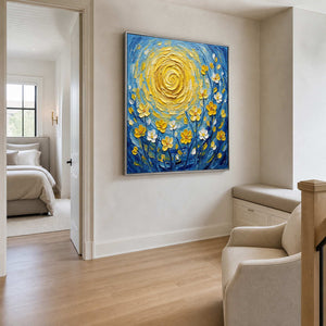 Textured floral wall art viewed from a soft white passage sitting area.