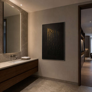 Textured vertical artwork viewed in a refined gray-brown bathroom area.
