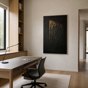 Vertical textured canvas displayed in a light oak home office.