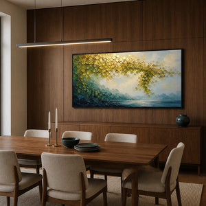Golden foliage and blue water wall art in a walnut dining room.