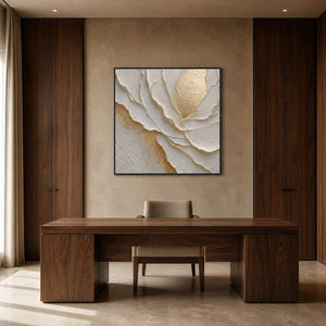 Sculptural floral wall art displayed in a deep walnut home office.