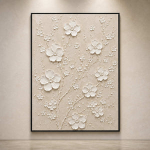 Sculptural white botanical artwork viewed in a contemporary gallery.
